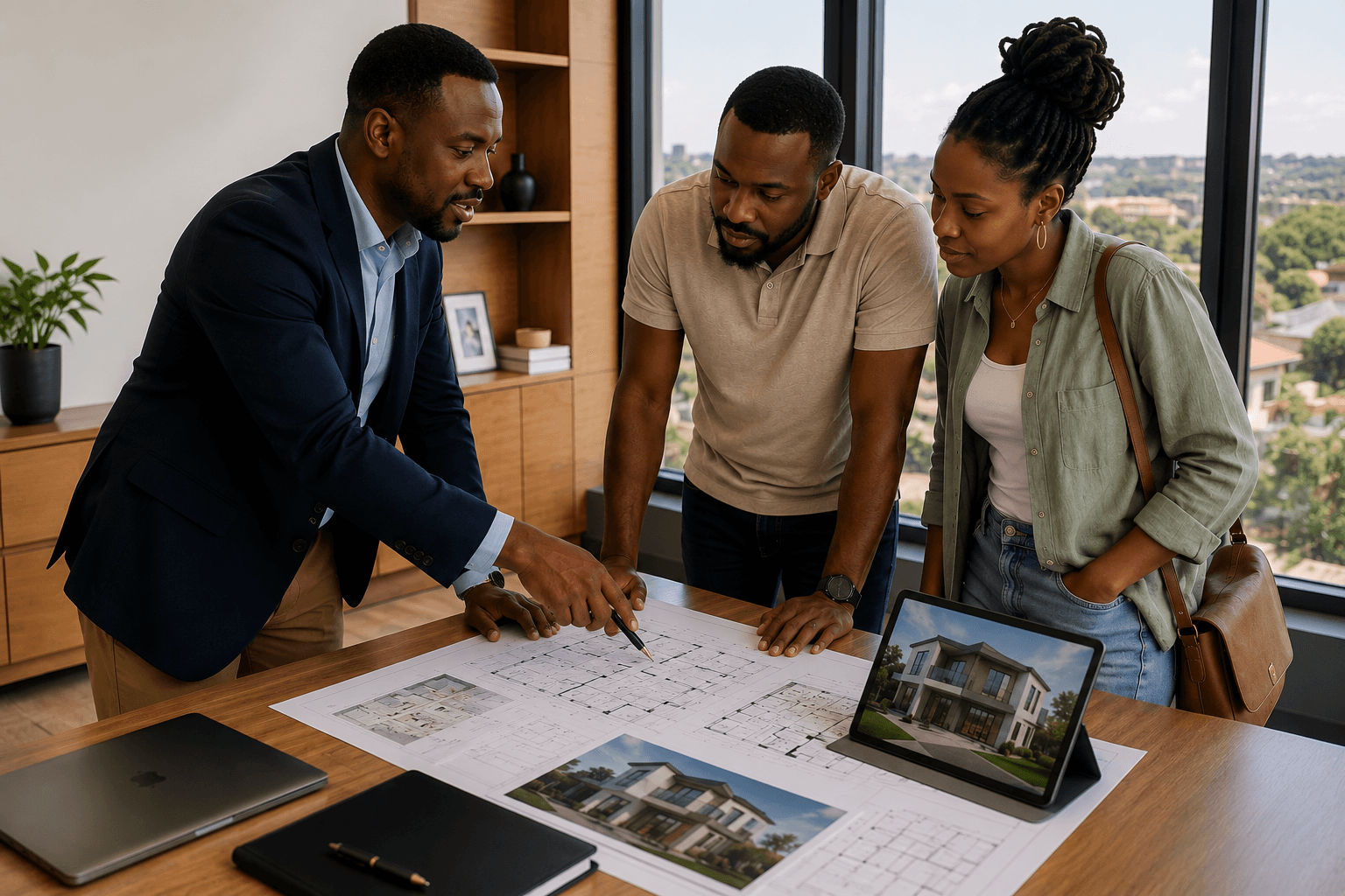 Home and Away consultant reviewing property plans with clients