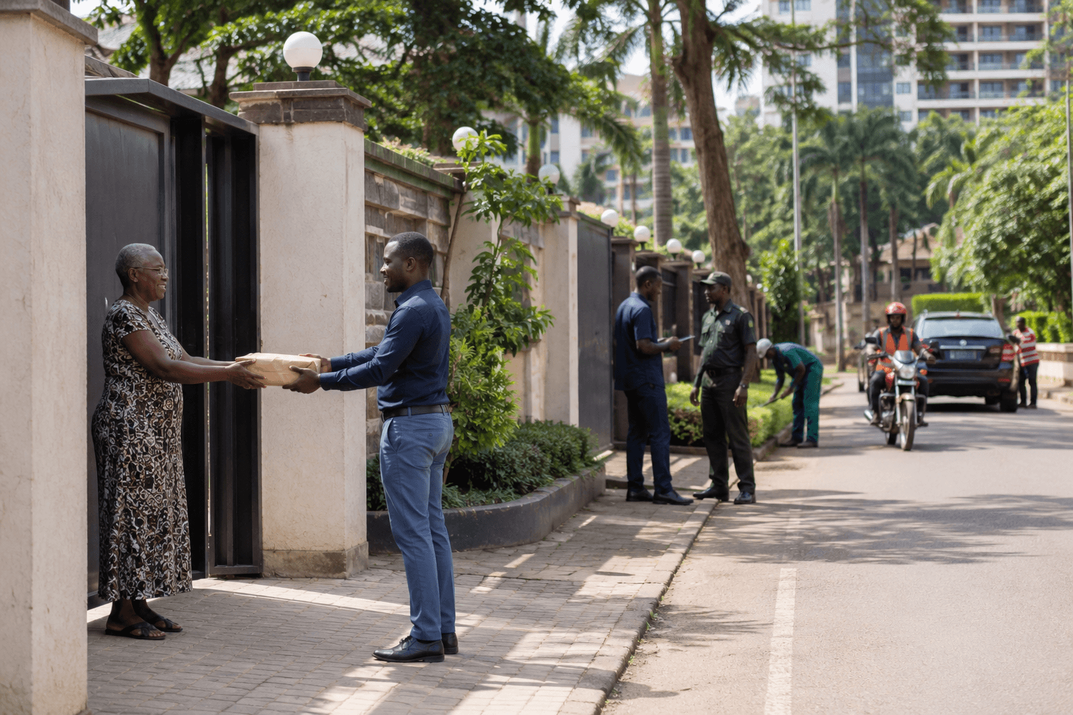 Home and Away representative delivering documents to a client's family in Kampala